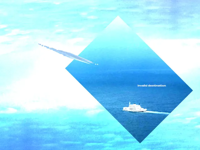 A blown-out cyan sky of clouds crossed by a thin contrail. A diamond-shaped window cut into the middle reveals deep blue open ocean where a white ferry cuts a wake. Small white text reads "invalid destination."