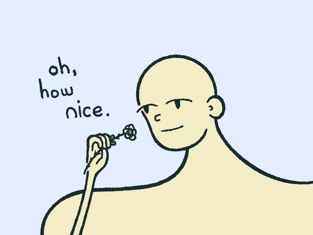 A large pale figure smiles faintly against a light blue background, holding a tiny green-and-white flower up beside their face on a long thin arm. Handwritten text reads "oh, how nice."