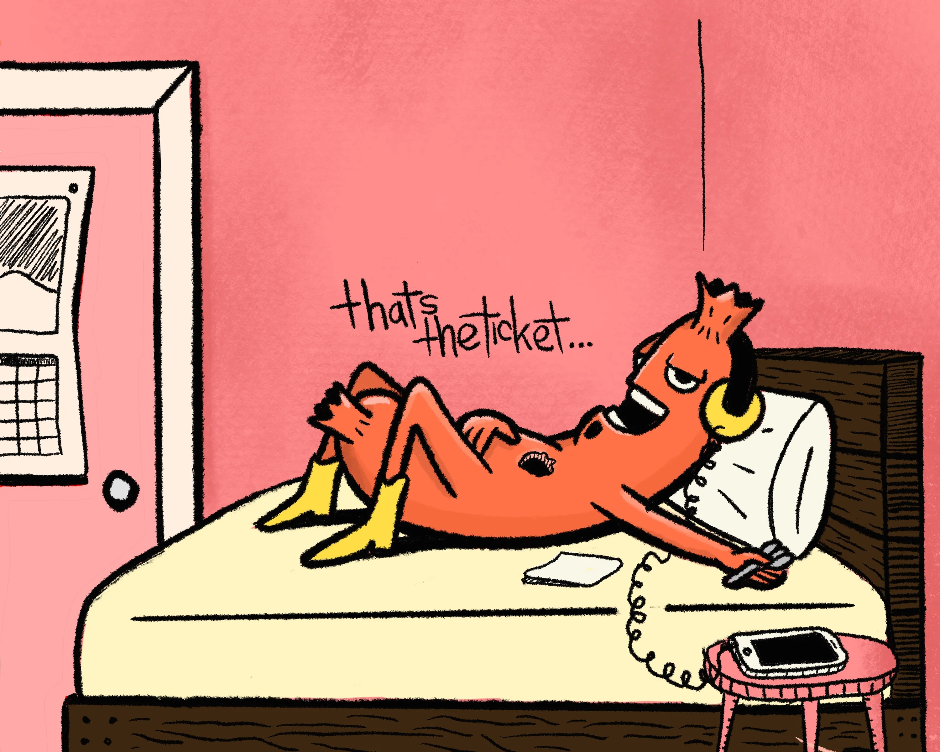 a hot dog eating itself while laying in bed listening to music.