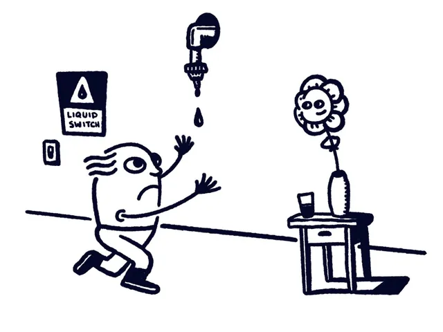 Navy line art: a figure with tufted hair lunges to the right with both arms raised as a single drop falls from a faucet overhead. On the wall behind them, a warning sign with a droplet icon reads "LIQUID SWITCH" above a light switch. A side table at right holds a glass and a vase with a smiling flower.