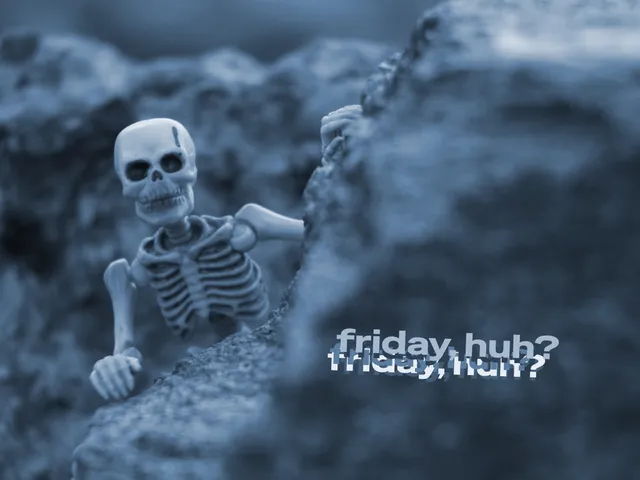A blue-toned photograph of a small plastic skeleton figure hauling itself up over a rock ledge, one arm reaching for the top. The words "friday, huh?" appear twice, offset and overlapping.