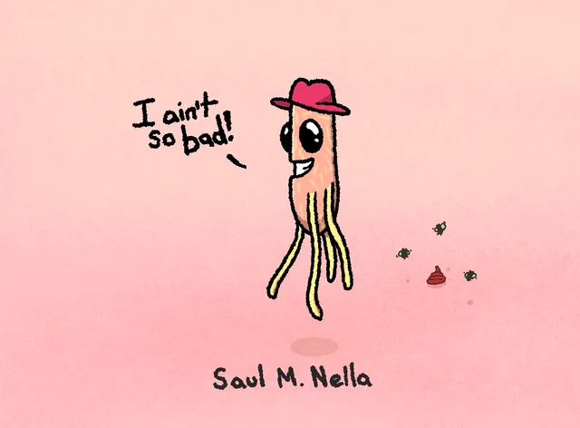 On a pink background, a fried chicken tender with big eyes, a wide grin, a red cowboy hat, and long french-fry legs hovers above its own shadow, saying "I ain't so bad!" A small pile of droppings with flies sits to the right. The caption below reads "Saul M. Nella."