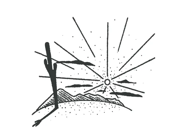 A grainy black-and-white drawing of a desert horizon: a saguaro cactus at left, low hatched mountains, and a small open circle of a sun on the horizon throwing long straight rays across a stippled sky.