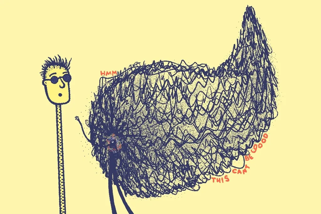 A pale yellow scene: a tiny head with spiky hair and dark sunglasses sits atop an impossibly long neck at left, watching an enormous navy scribbled mass that fills the right half of the frame. A small figure at its base raises one arm. Red hand-lettering reads "HMM" and, curving along the bottom, "THIS CAN'T BE GOOD."