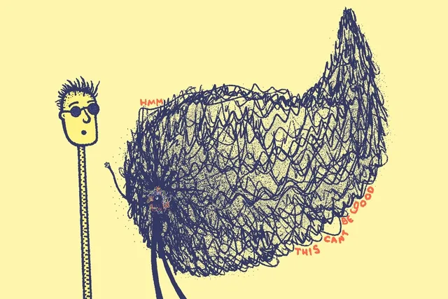 A pale yellow scene: a tiny head with spiky hair and dark sunglasses sits atop an impossibly long neck at left, watching an enormous navy scribbled mass that fills the right half of the frame. A small figure at its base raises one arm. Red hand-lettering reads "HMM" and, curving along the bottom, "THIS CAN'T BE GOOD."