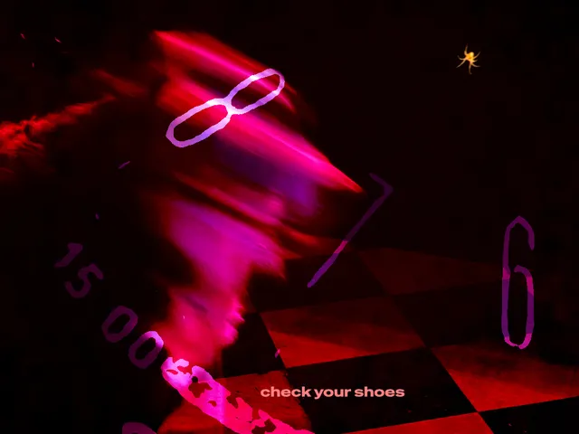 A near-black frame streaked with motion-blurred hot pink and red. A pair of white eyeglass frames floats over the blur, a small orange spider hangs at top right, and a red checkerboard floor tilts across the bottom corner. Purple numerals read "15 00" and "6". Text reads "check your shoes."