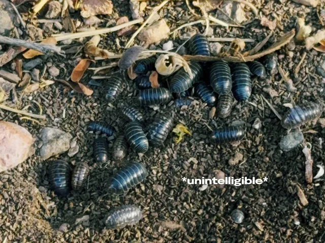 A close-up of gravelly soil scattered with dry leaves and twigs, where two dozen or so dark blue-grey pillbugs cluster and crawl over each other. Text reads "*unintelligible*".