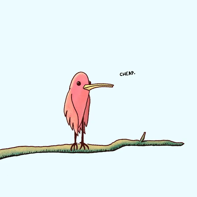 A pink bird with a long yellow beak stands on a mossy green branch spanning a pale blue background. Hand-lettering reads "CHEAP."