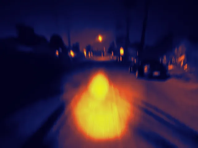 A blurred night street rendered in thermal-camera colors: deep navy darkness with a huge yellow-orange glow blooming in the foreground and small orange lights receding down the block past silhouetted houses and poles.