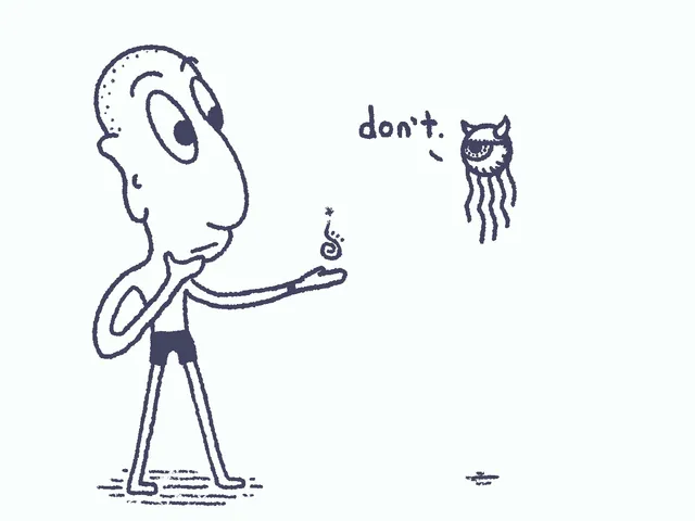 Navy outline on off-white. A tall, thin, long-faced figure in shorts extends one open palm holding a tiny wisp of smoke, looking toward a floating one-eyed creature with horns and trailing tentacles. Text reads "don't."