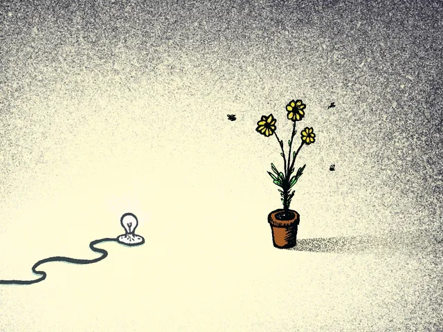 A grainy cream field fading to dark at the edges. A bare lightbulb lies glowing on the ground at left, trailing a wavy cord off-frame. At right, a potted plant with three yellow flowers casts a long shadow while small insects hover around it.