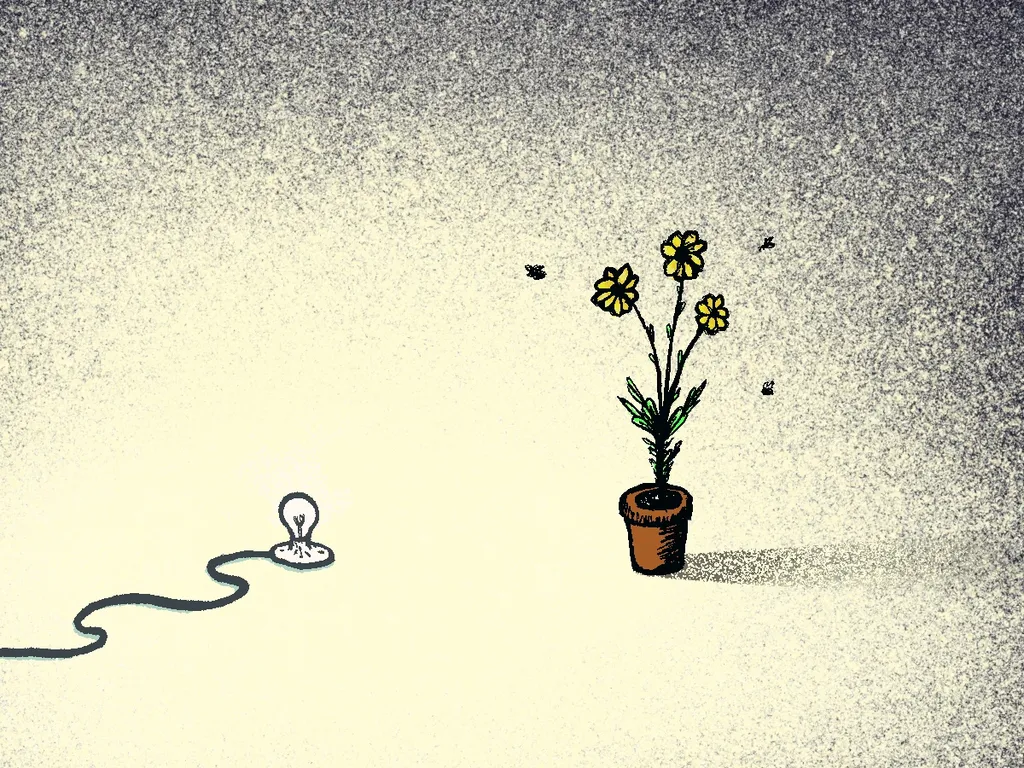 A grainy cream field fading to dark at the edges. A bare lightbulb lies glowing on the ground at left, trailing a wavy cord off-frame. At right, a potted plant with three yellow flowers casts a long shadow while small insects hover around it.