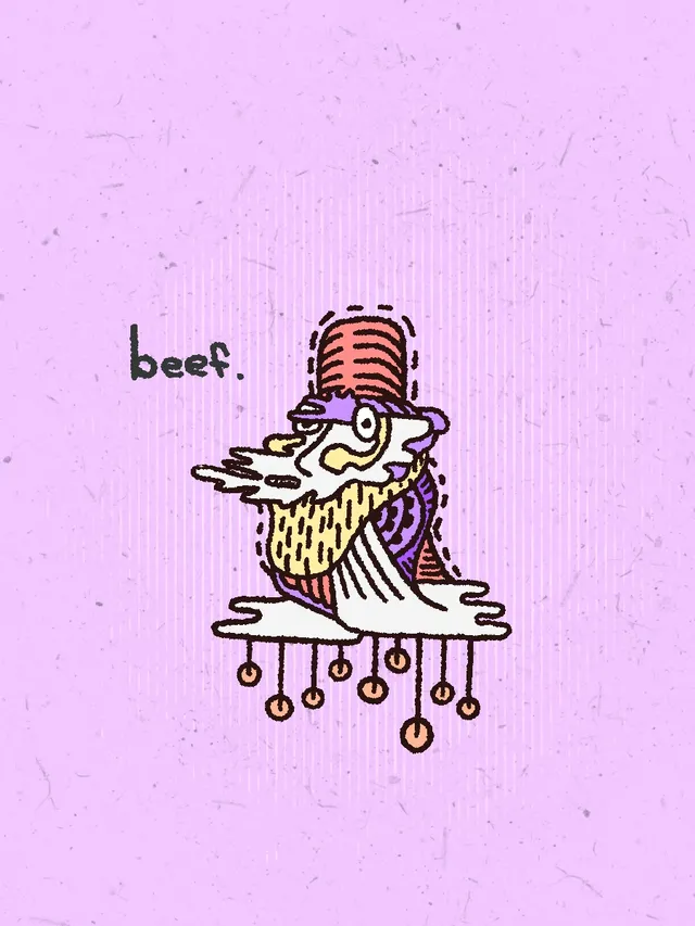 A stylized character on lavender speckled paper: a melting, drooping face under a tall red ribbed hat, one wide eye staring out, with dripping white and yellow forms below that end in small hanging beads. Text reads "beef."