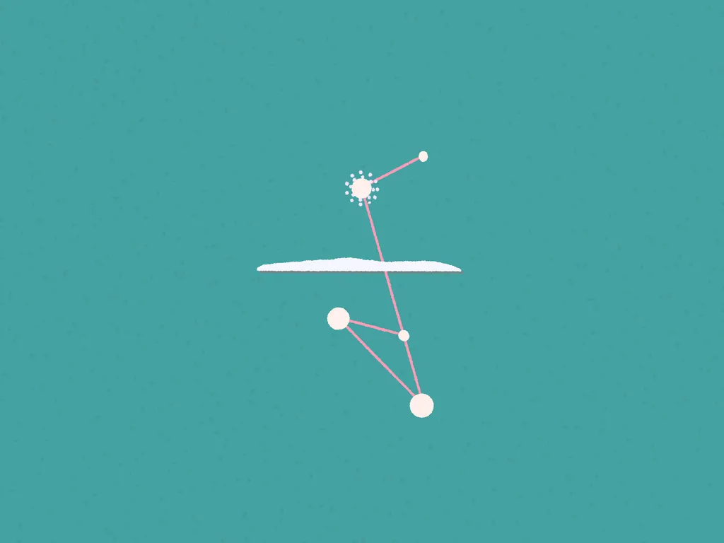 A teal, lightly speckled field. Five cream dots joined by pink lines form a constellation, the topmost dot haloed with smaller dots. A single flat white cloud crosses the middle, cutting the constellation in two.