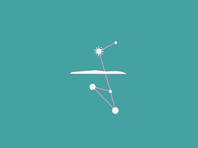 A teal, lightly speckled field. Five cream dots joined by pink lines form a constellation, the topmost dot haloed with smaller dots. A single flat white cloud crosses the middle, cutting the constellation in two.