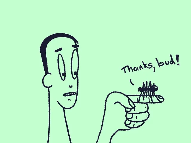 Black line art on mint green. A wide-eyed figure with an uneasy grin looks toward a disembodied hand holding out a small scribbled bundle. Handwritten text reads "Thanks, bud!"