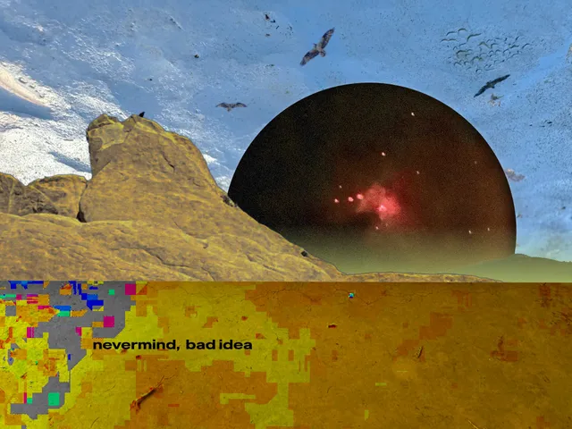 A collage: an upside-down desert rock formation against a blue sky with circling birds, a black circle holding a red nebula resting on the horizon like a dark sun, and a band of glitched, pixel-smeared orange across the bottom. Black text reads "nevermind, bad idea."