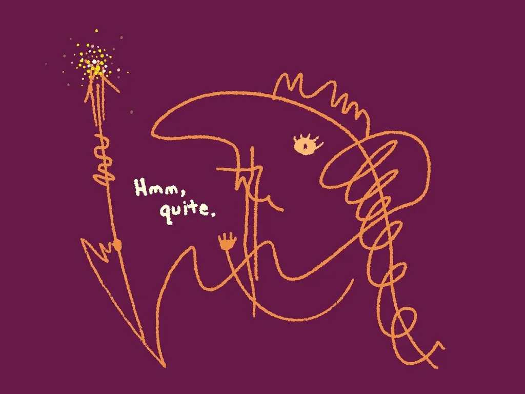Loose orange line drawing on a deep plum background: a long scribbly creature with one eye and a spiky crest holds up a sparkler throwing yellow sparks. Handwritten text reads "Hmm, quite."