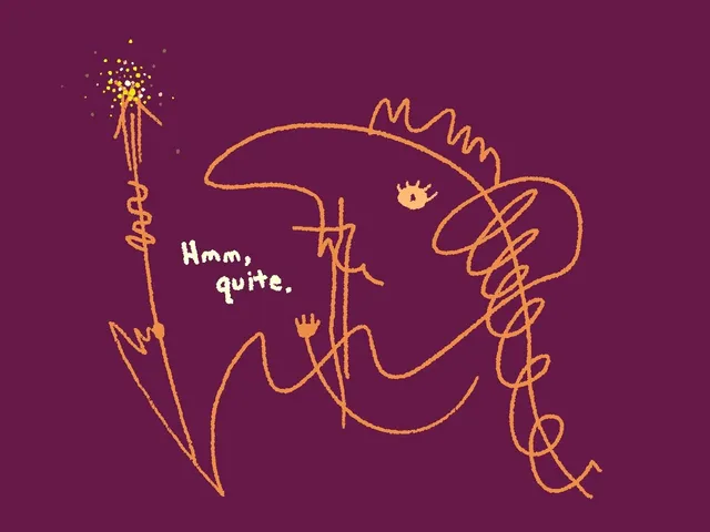 Loose orange line drawing on a deep plum background: a long scribbly creature with one eye and a spiky crest holds up a sparkler throwing yellow sparks. Handwritten text reads "Hmm, quite."