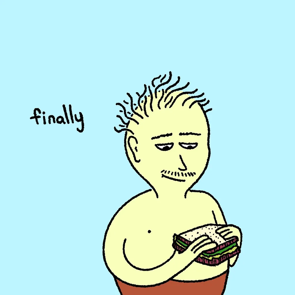 A pale yellow figure with wild spiky hair and a thin mustache looks down with heavy-lidded satisfaction at the sandwich held in both hands, against a light blue background. Handwritten text reads "finally."