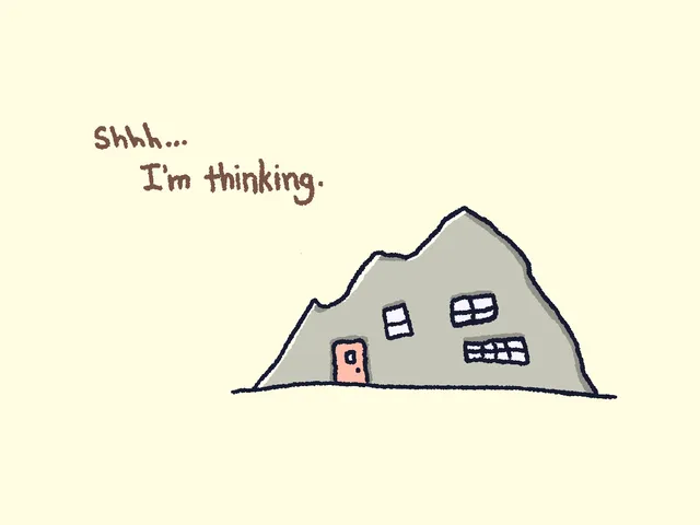 A cream background with a grey mountain-shaped house on a thin horizon line, a peach door at its base and three white-paned windows set into its slope. Handwritten brown text reads "Shhh... I'm thinking."