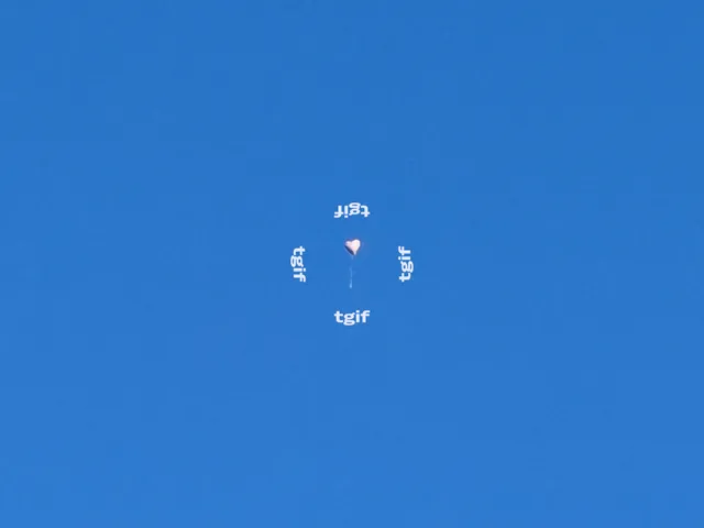 A vast flat blue sky with a single tiny heart-shaped balloon drifting near the center. The word "tgif" is set four times around it, each at a different rotation, one upside down.