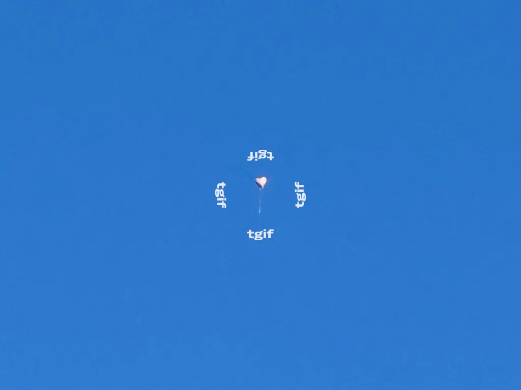 A vast flat blue sky with a single tiny heart-shaped balloon drifting near the center. The word "tgif" is set four times around it, each at a different rotation, one upside down.