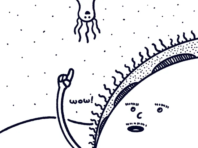 Navy ink on a star-flecked white background. A huge round face with a fringe of squiggly rays fills the lower right, mouth open in an O, raising one arm to point at a small jellyfish-like creature floating overhead. Text reads "wow!"