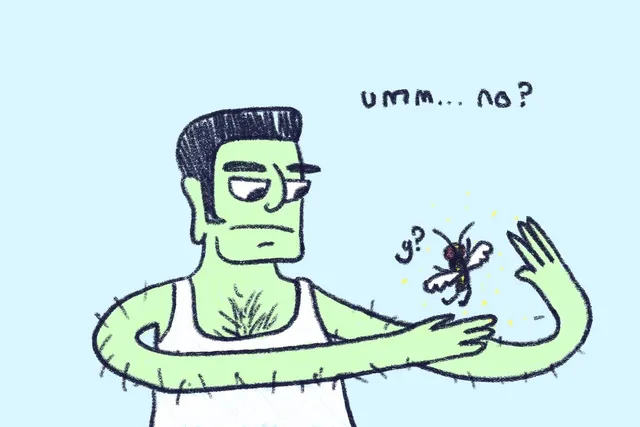 A green-skinned man with slicked dark hair, sunglasses, a white tank top, and very hairy arms and chest holds out one arm, where a fly stands amid small yellow sparkles. The fly says "y?"; the man says "umm... no?"