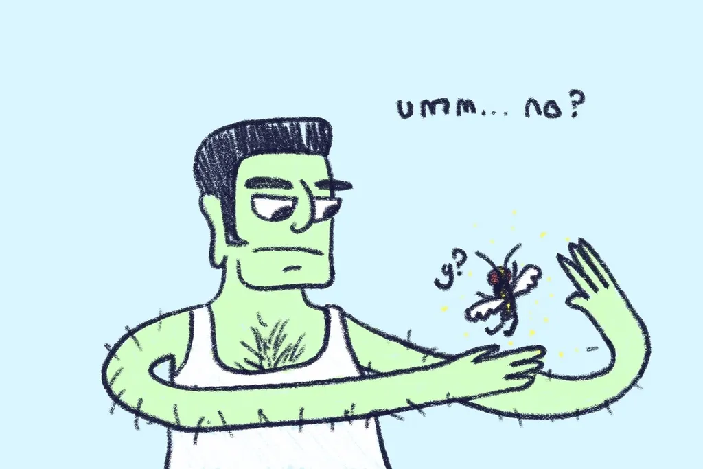 A green-skinned man with slicked dark hair, sunglasses, a white tank top, and very hairy arms and chest holds out one arm, where a fly stands amid small yellow sparkles. The fly says "y?"; the man says "umm... no?"