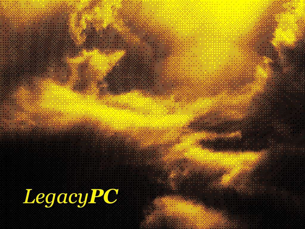 A heavily dithered black-and-yellow halftone image in which a face dissolves into blooms of yellow light. Italic yellow text in the corner reads "LegacyPC."