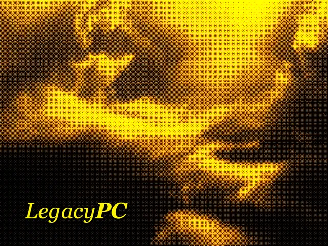 A heavily dithered black-and-yellow halftone image in which a face dissolves into blooms of yellow light. Italic yellow text in the corner reads "LegacyPC."
