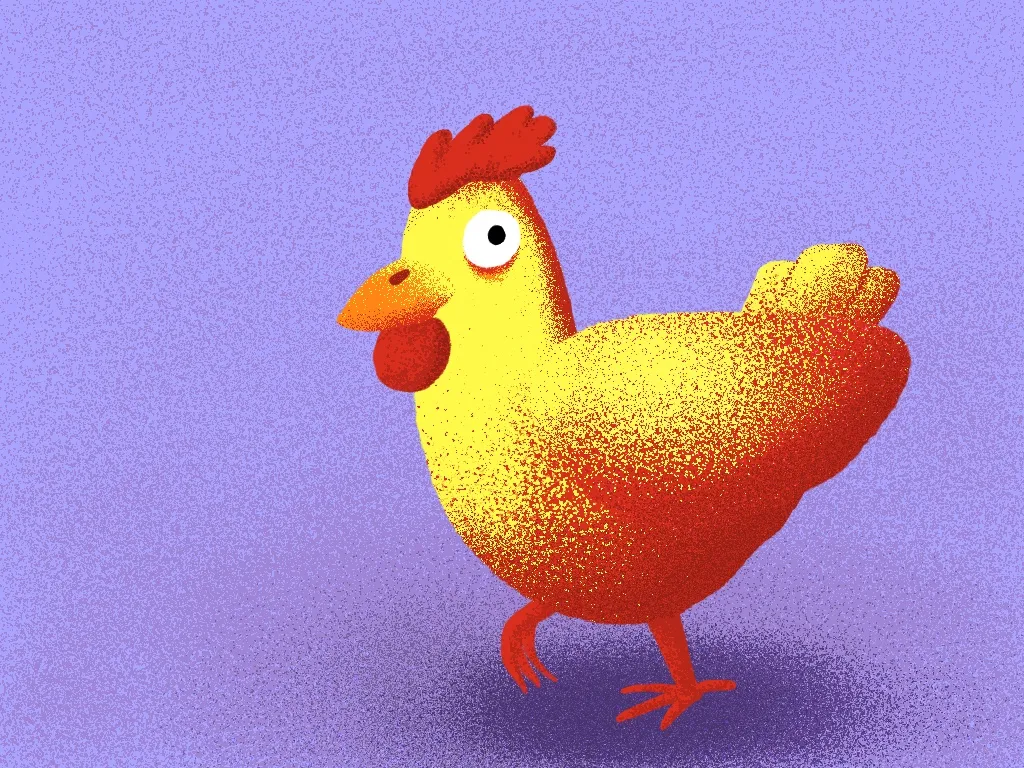 an illustration of a chicken midstep looking mildly concerned. about what? who knows? only the chicken knows.