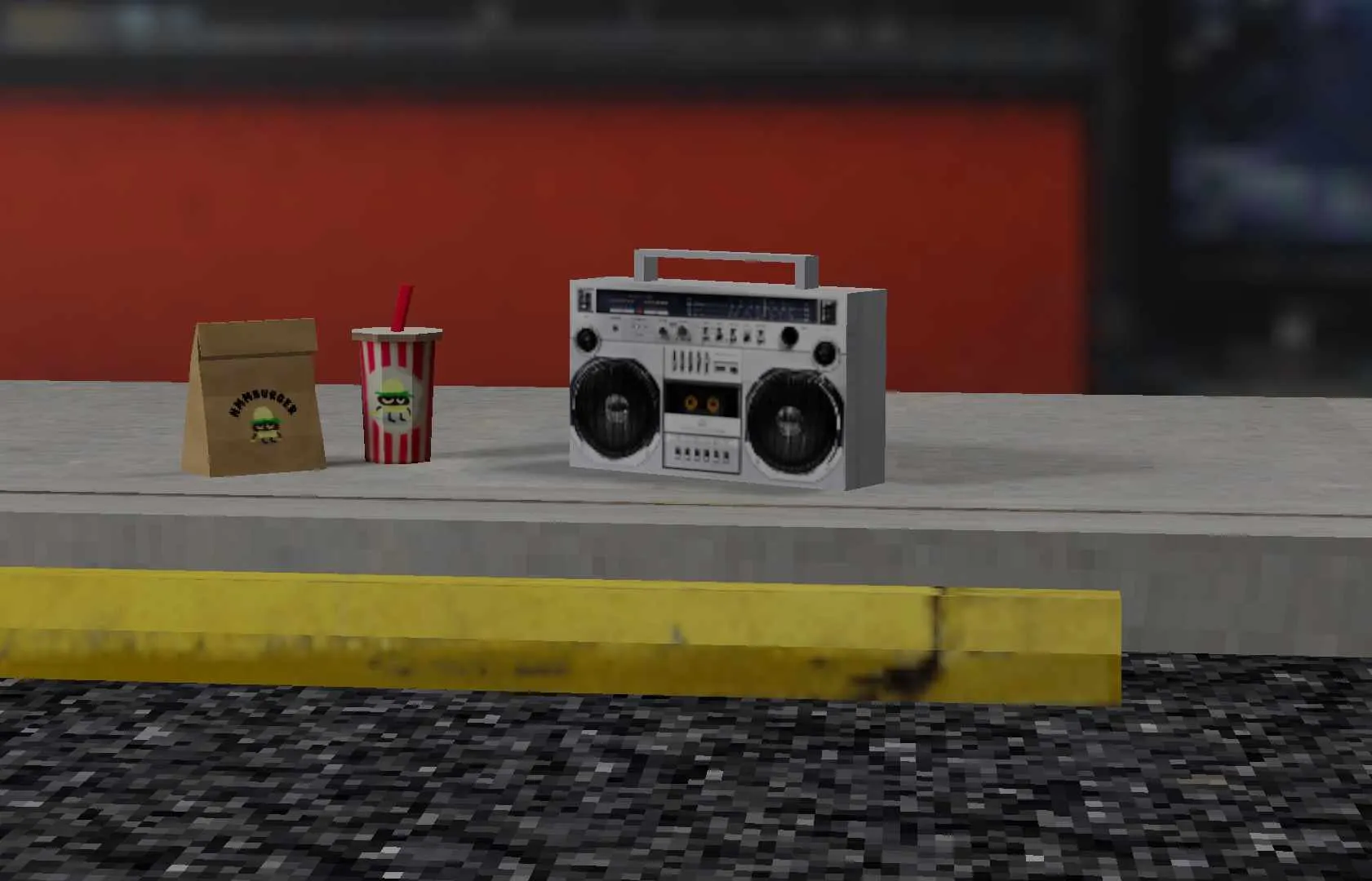 a curb with a drink, bag, and a boombox for the perfect lunch break.