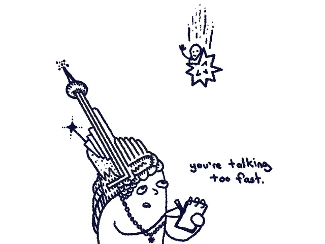 Navy ink on white. A figure in a beaded headdress and a tall striped crown tapering to a sparking point holds a tiny notepad and pen, mouth pursed. Above, a small figure rides a starburst falling from the sky. Handwritten text reads "you're talking too fast."