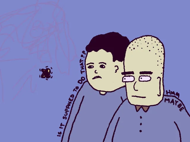 Two cartoon figures in matching blue shirts stand shoulder to shoulder against a periwinkle sky, watching a small dark burning blob drift at left. Hand-lettering curves down their arms: "IS IT SUPPOSED TO DO THAT??" and "HMM MAYBE."