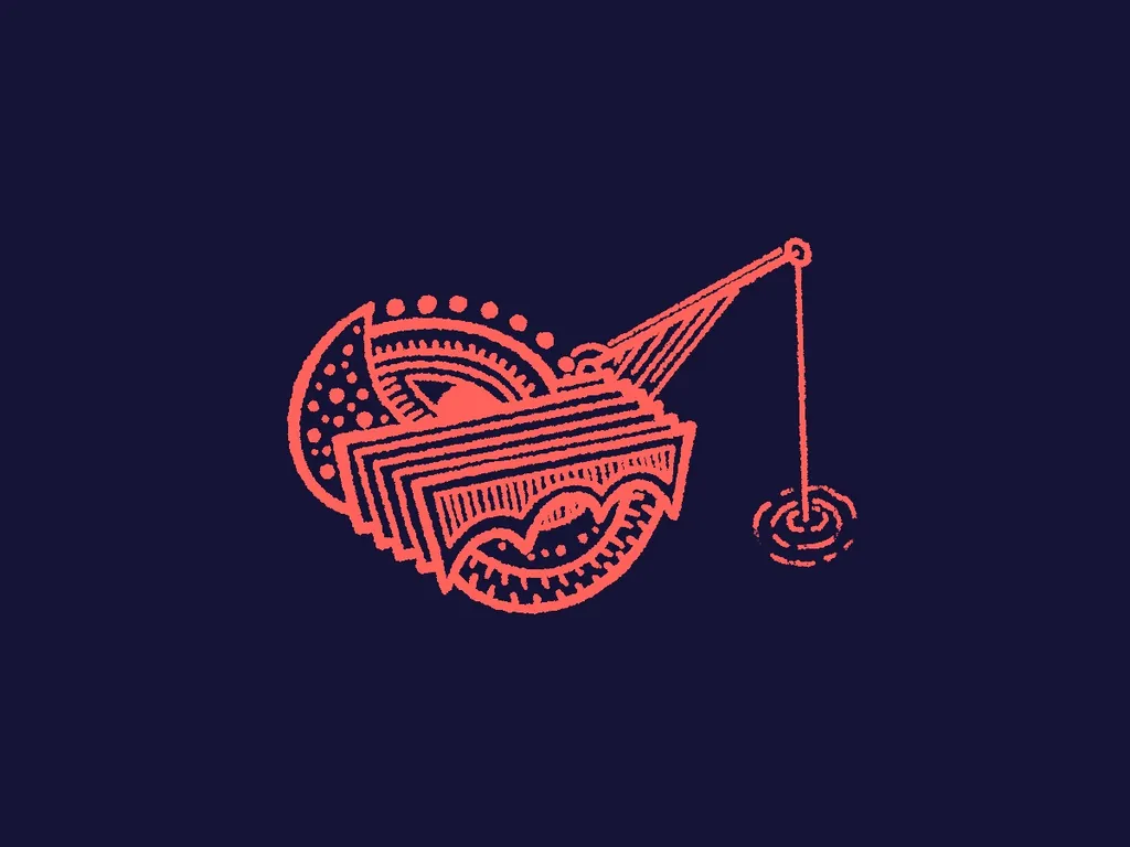 Coral-red line art on dark navy: an ornate stack of layered, patterned shapes suggesting a boat or hull, with a crane arm extending to the right where a weighted line drops into a small ripple.