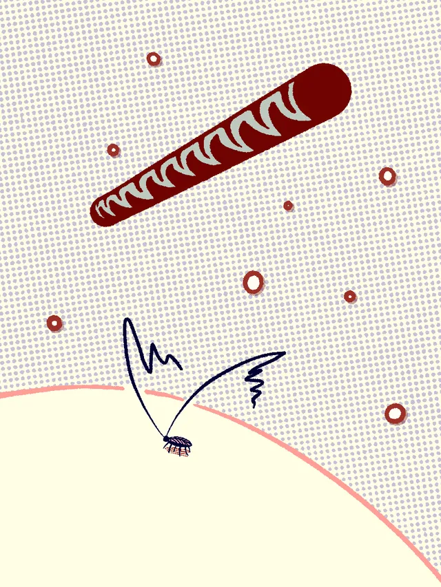 A halftone-dotted lavender sky over a cream ground. A large dark red segmented shape, like a caterpillar or a sausage, sails diagonally across the upper half. Below, a small insect on the horizon emits two jagged black lines. Scattered red rings dot the sky.