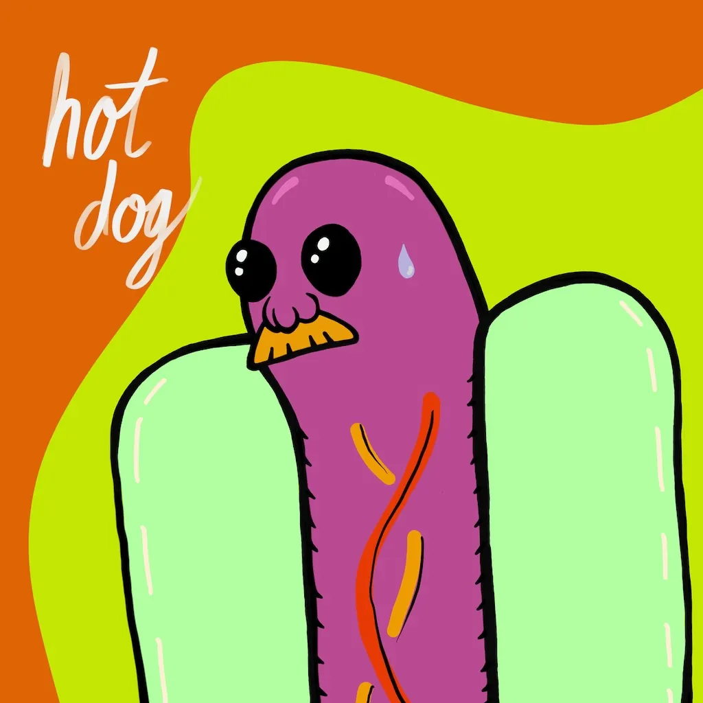 A hot dog fella with a mustache in a bun with the text 'hot dog' in the corner