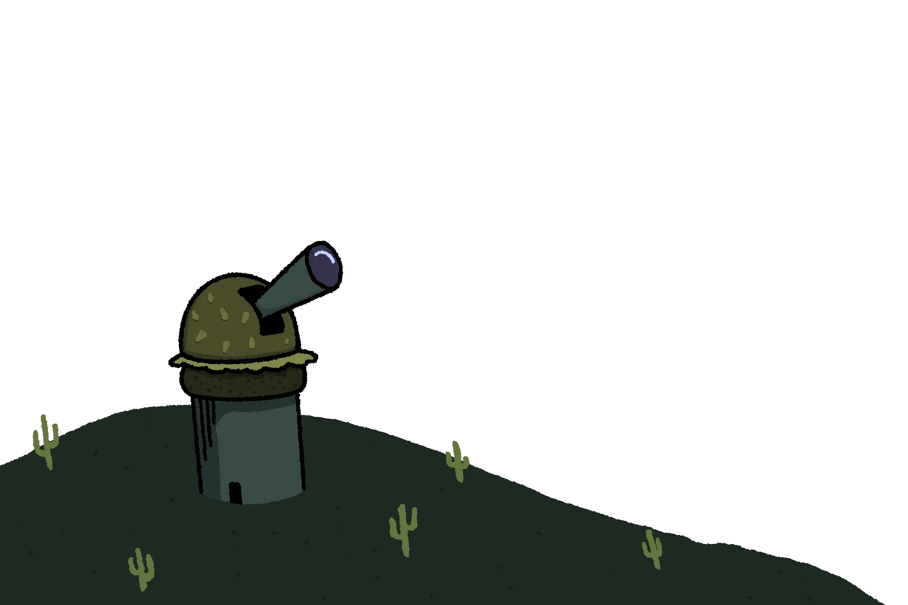 An observatory building with bun with sesame seed roof and a giant telescope poking out of it, silhouetted against a starry night sky
