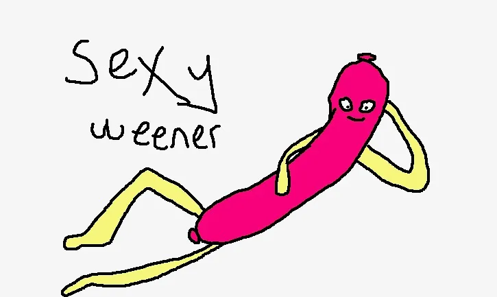 An MS Paint drawing of a sausage with arms and legs in a suggestive post with the text 'sexy weener'