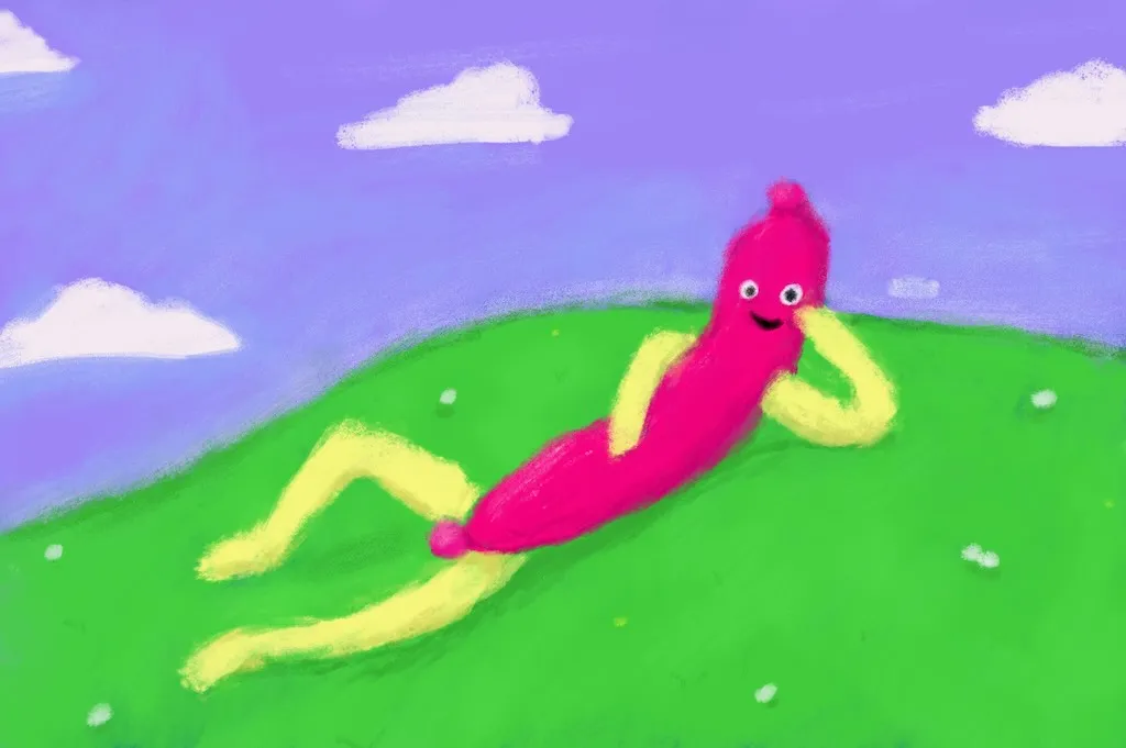 A sausage with arms and legs in a suggestive post with the text 'sexy weener' but in color and painted digitally