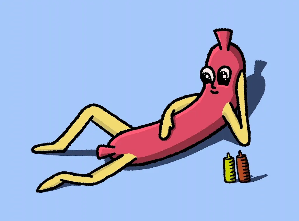A sexy weener in a suggestive pose on a blue background with a ketchup and mustard bottle at the ready.
