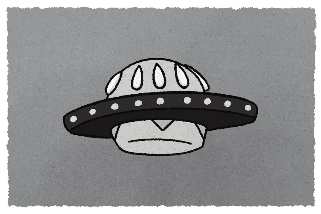 A drawing that looks like a black and white photo of a burger shaped UFO in the middle of the photo. The patty is the main saucer and the bun is the dome with sesame seed windows. The bottom is the other bun with some melted cheese for aesthetics.