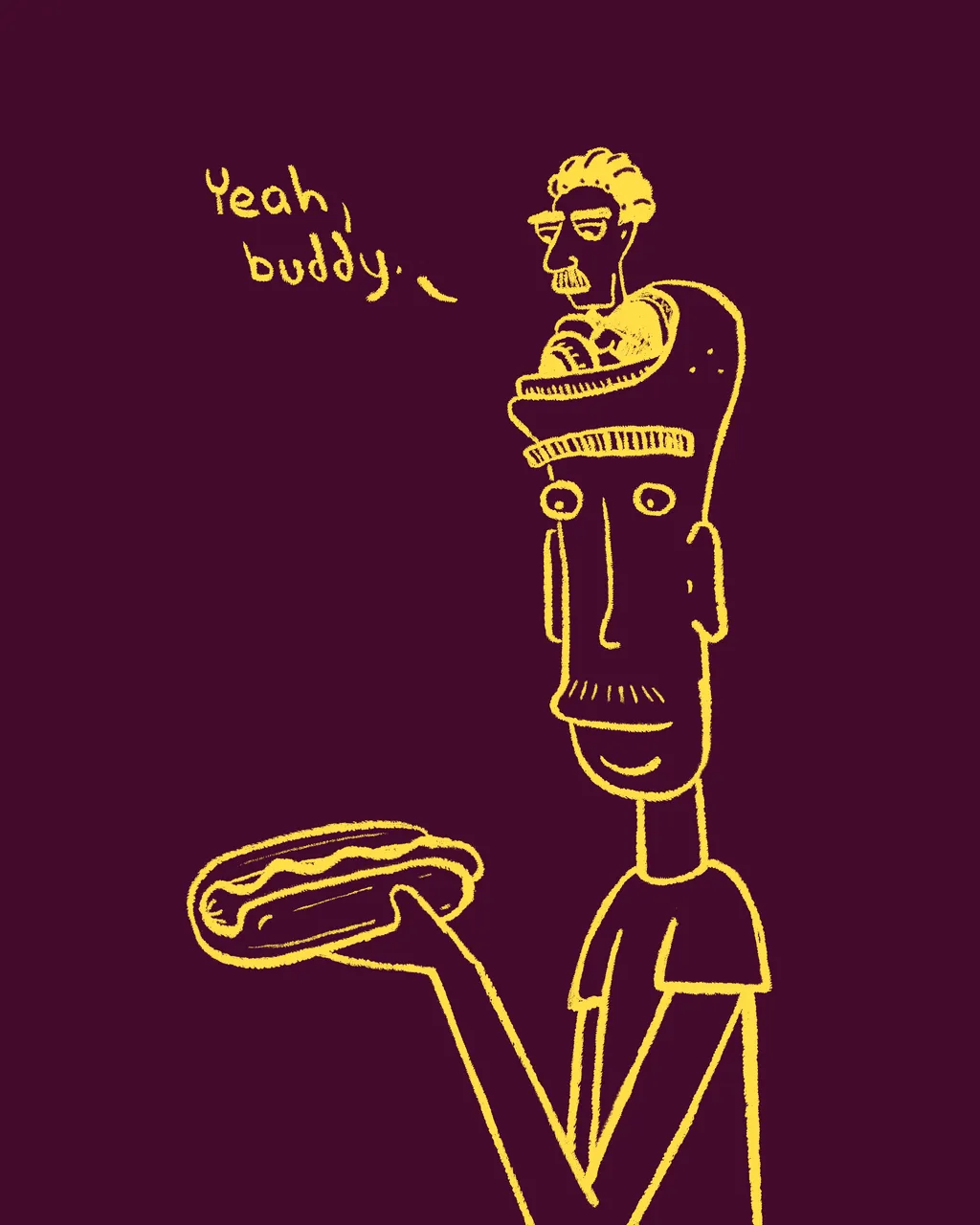 A man being controlled by the little man that is inside his head, saying 'yeah buddy' because he is about to eat a hot dog